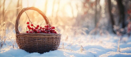 Aufkleber - Basket filled with winter berries resting in a snow-covered forest during a bright cold day with sunlight and empty space for text