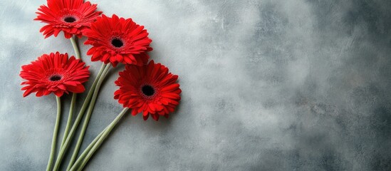 Poster - Red gerbera daisies on grey surface with sunlight illuminating petals and ample negative space for text or graphics
