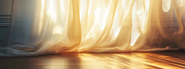 Poster - Cozy indoor ambiance with warm afternoon light filtering through translucent curtains, creating a serene atmosphere and ample space for text.