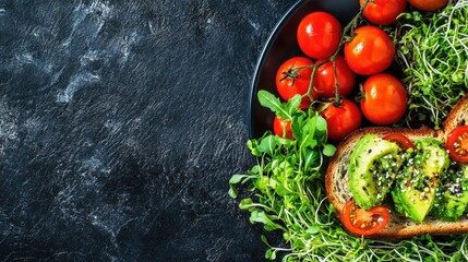 Poster - Healthy Vegan Breakfast with Avocado Toast Fresh Tomatoes and Sprouts on Dark Background with Space for Text or Design Elements