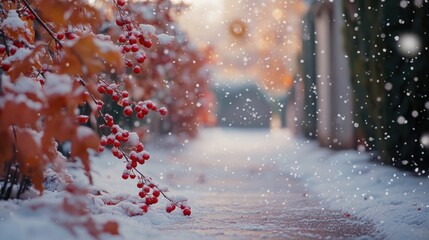 Aufkleber - Rowan berries dusted with snow along a winter path showcasing a serene seasonal landscape and vibrant red against a snowy backdrop