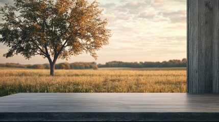 Aufkleber - Sleek gray wooden tabletop in peaceful rural setting with open door and tree in serene field landscape during golden hour lighting.