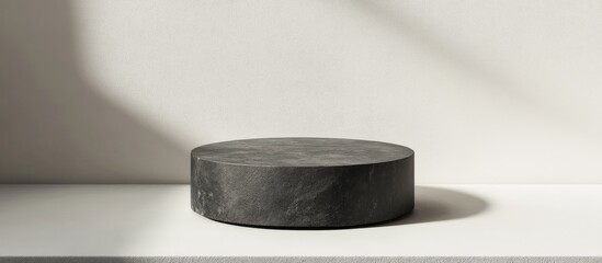 Aufkleber - Black Stone Pedestal with High Contrast Shadows on White Background Versatile Cylinder Podium for Display and Empty Copyspace for Text