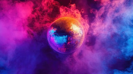 Poster - Vibrant disco ball illuminated by colorful smoke creating a festive atmosphere for celebrations and parties