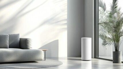 Aufkleber - Modern minimalist living room featuring gray furniture, white walls, and natural lighting with a sleek audio speaker and greenery.