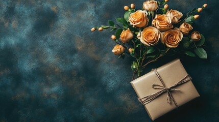 Aufkleber - Elegant Rose Flower Bouquet with Wrapped Gift Box and Blank Card for Text on Dark Background Top View