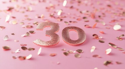 Aufkleber - Rose gold glittery number 30 surrounded by confetti on a soft pink background for celebration or milestone events