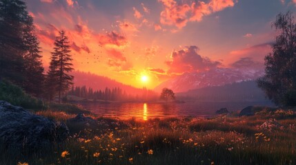 Aufkleber - Tranquil Sunset Over Serene Countryside Landscape with Vibrant Flowers and Majestic Mountains Reflected in Calm Water