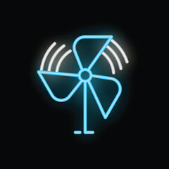 Poster - Blue and white neon icon of a ventilator generating wind on a black background
