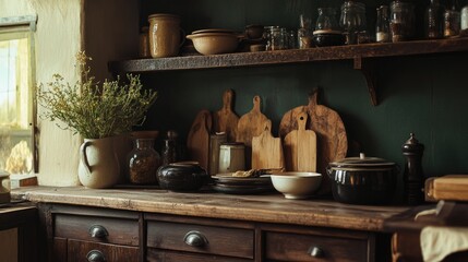 Aufkleber - Rustic kitchen decor with natural textures and earthy tones creating a warm and inviting atmosphere for cozy cooking and dining experiences