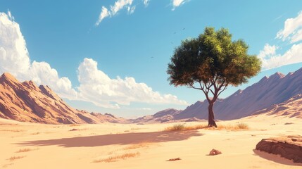 Aufkleber - Serene desert landscape featuring a solitary acacia tree with mountains and blue sky in the background