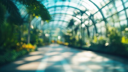 Poster - Contemporary blurred glass structure with lush greenery background and ample space for text overlay in modern design setting