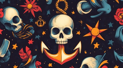 Poster - dark background, pixel art seamless pattern with skulls, anchors, stars, flowers, and nautical eleme