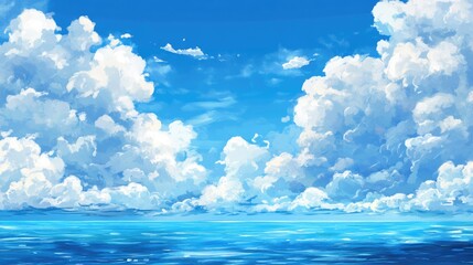 Naklejka na meble Vibrant blue ocean under a bright sky filled with fluffy clouds creating a serene atmosphere perfect for text overlay