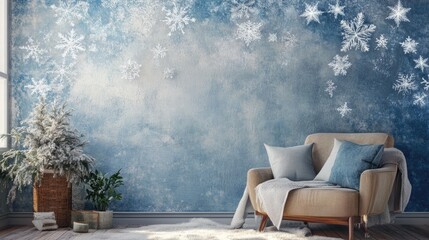 Aufkleber - Cozy Living Room with Snowflake Wall Texture and Winter Decor Amidst a Serene Blue Background