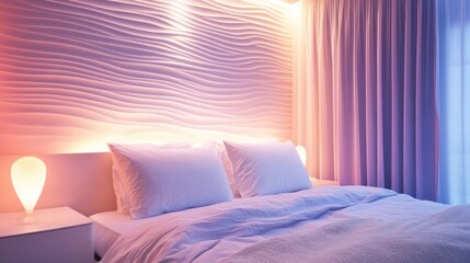 Aufkleber - Elegant Bedroom with Serene Pastel Lighting and Textured Wall for a Calm and Stylish Atmosphere