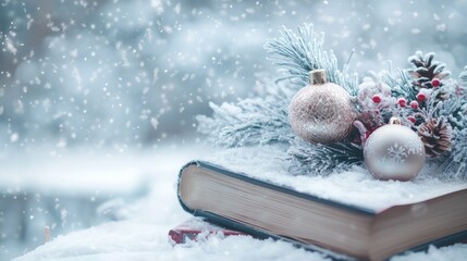 Poster - Romantic winter scene with a decorated book surrounded by snowflakes and Christmas ornaments creating a festive atmosphere