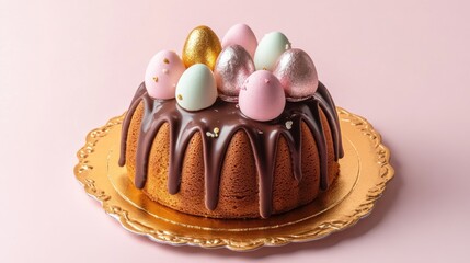 Poster - Easter celebration cake with chocolate drizzle and pastel egg decorations on a golden platter against a soft pink backdrop