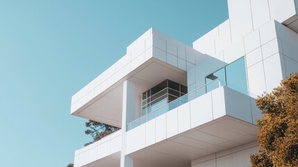 Poster - Modern white building with sleek architecture highlighting contemporary design elements against a clear blue sky.