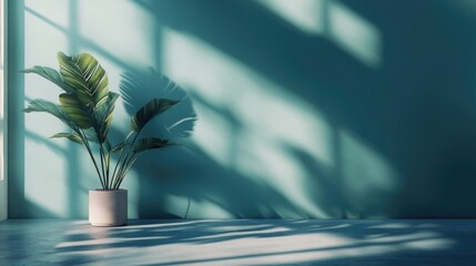 Wall Mural - Calm teal wall with soft shadows and natural light highlighting a potted plant creating a tranquil indoor atmosphere for design and decor.