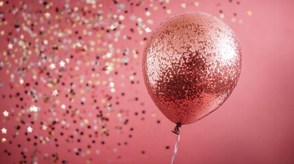 Poster - Rose gold glitter balloon with star confetti on a pink background for celebrations and festive occasions