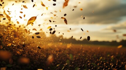 Poster - Scattered coffee beans in sunlight creating an aromatic ambiance over a coffee field with falling leaves during sunset.