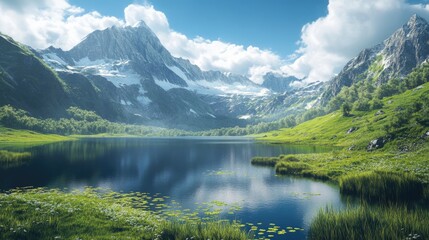 Poster - Scenic summer alpine landscape featuring a serene lake surrounded by majestic mountains and vibrant greenery under a cloudy sky.