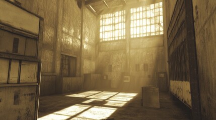 Aufkleber - Abandoned industrial warehouse interior with sepia tones and dramatic lighting creating an atmospheric and nostalgic feel