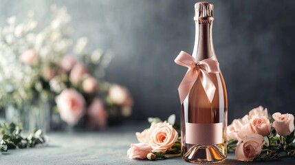 Aufkleber - Elegant Rose Champagne Bottle Decorated with Satin Ribbon Surrounded by Fresh Roses and Floral Arrangement