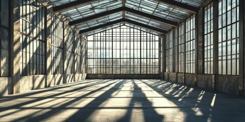 Aufkleber - Industrial Interior with Skylight and Large Windows Natural Light and Shadows Casting Patterns on Floor Creating Copy Space for Text