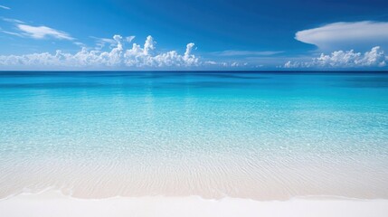 Aufkleber - Tranquil turquoise sea meeting a pristine sandy shore under a brilliant blue sky serene minimalist coastal landscape.