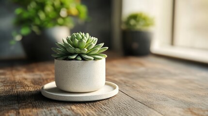 Wall Mural - Serene Succulent in Minimalist Pot on Wooden Surface with Natural Light and Soft Shadows