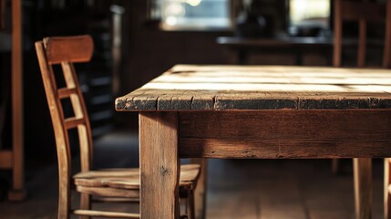 Aufkleber - Rustic wooden table and chair in cozy interior setting showcasing natural materials and warm ambiance