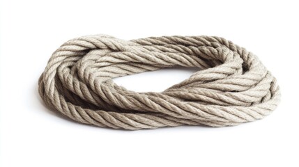 Poster - Woven natural fiber rope coiled on white background ideal for various applications and design projects.