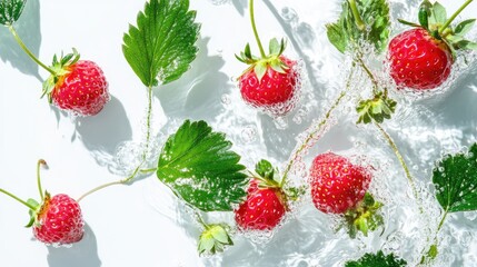 Aufkleber - Fresh wild strawberries with leaves in sparkling water on a bright background showcasing natural beauty and freshness of summer fruits.