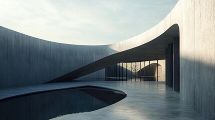 Aufkleber - Modern Architectural Concrete Wall with Curved Design and Reflective Pool