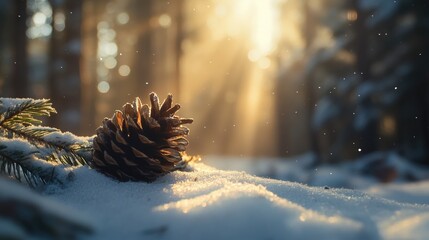 Aufkleber - Close up of a tranquil evergreen pine cone resting on snow illuminated by warm sunlight in a serene forest setting during winter.