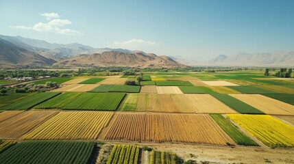 Poster - Vibrant rural farmlands under a clear sunny sky featuring a patchwork of colorful crops and scenic mountainous backdrop