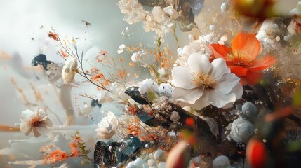 Poster - Floral Arrangement with Abstract Elements and Diverse Textures in Artistic Composition