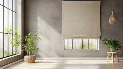 Poster - modern empty room featuring a natural fabric roman blind on a bare wall with bright wooden furniture