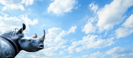 Aufkleber - Close Up Portrait of Black Rhinoceros Against Blue Sky and White Clouds Ideal for Wildlife Studies and Text Space on African Wildlife