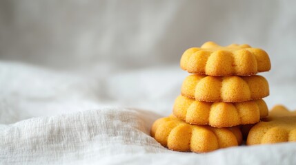 Poster - Pumpkin shaped cookies stacked on white textile background Autumn holiday baking concept Sweet treats ready for festive celebrations