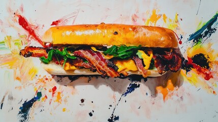 Poster - Bacon sandwich with fresh greens and cheese on a white plate artistic background closeup food photography