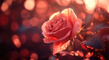 Aufkleber - Rose gold bokeh background with a beautiful rose accentuated by water droplets and soft lighting for a romantic atmosphere