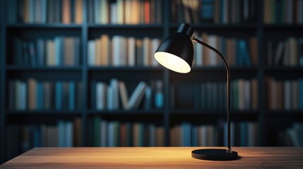 Aufkleber - Modern Desk Lamp Illuminating Dark Room with Bookshelf Creating a Cozy Ambience for Reading and Study Sessions