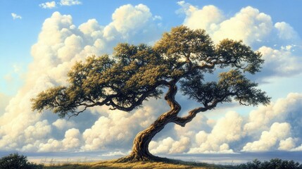 Poster - Sleek hardwood tree with expansive branches under a vibrant sky adorned with soft, fluffy clouds in a picturesque natural landscape.