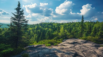 Poster - Scenic landscape of rocky outcrops adorned with vibrant green trees beneath a blue sky showcasing nature's beauty and outdoor tranquility.