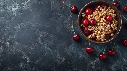 Poster - Healthy smoothie bowl topped with nuts and cherries on a textured dark stone background Ideal for wellness and healthy eating promotions
