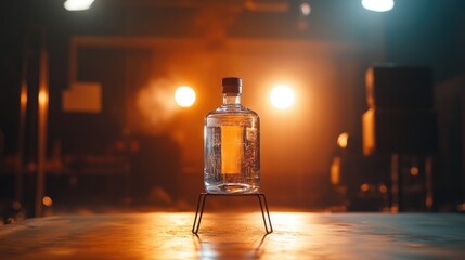Poster - clear bottle on stand illuminated by creative lighting against a blurred studio background showcasin