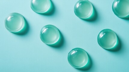 Aufkleber - Translucent gelatin discs arranged on a soothing aqua background for a fresh and modern aesthetic in food or cosmetic themes.